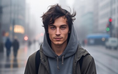 A young man with tousled brunette hair and piercing brown eyes stands confidently on a foggy city street. Dressed in a gray hoodie and a khaki jacket, his casual yet stylish appearance complements 