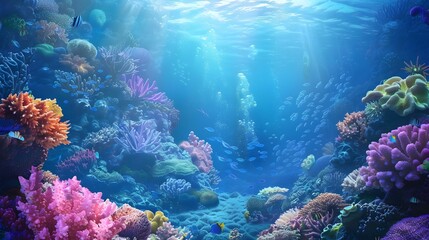 Obraz premium Beautiful underwater scenery with various types of fish and coral reefs Generative AI