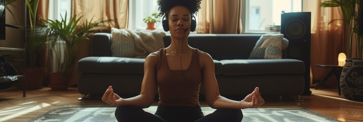 Serene woman with headphones, meditating on a yoga mat - Powered by Adobe