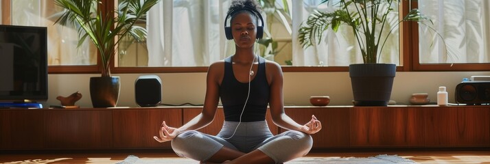 Serene woman with headphones, meditating on a yoga mat