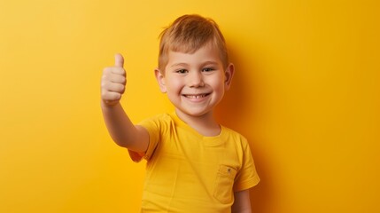 Boy with a joyful expression, giving a thumbs up on a bright yellow background