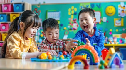 Group of Special Students with Down Syndrome Girl, Handicapped Boys, and Asian Teacher Playing Together in Classroom