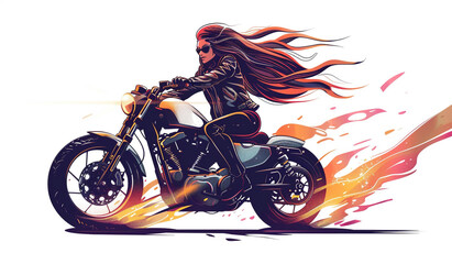 Beautiful girl riding a motorcycle, vector illustration, simple line, flat design, high resolution, white background
