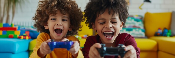 Two children playing video games together, excited expressions on their faces and a colorful living room background with toys scattered around