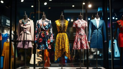 Obraz premium Trendy outfits showcased on mannequins at a high end fashion show, with spotlight on them