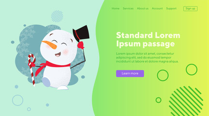 Funny snowman vector illustration. Drawing of snowman in black cylinder hat holding candy cane. Christmas, holiday, festive concept can be used for banner, web design or landing page