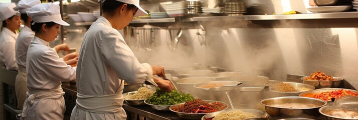 Chinese chefs cook several dishes at the same time