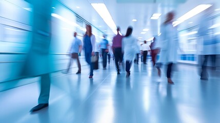 Motion blur effect on doctors and nurses walking briskly down a bright hospital corridor