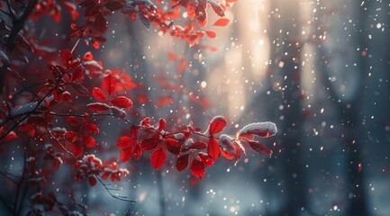 A blurry snowy landscape with red flowers and falling snowflakes.