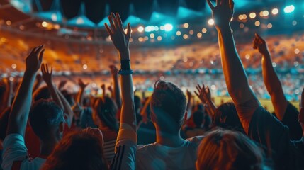 Crowd of sports fans cheering during a match in stadium