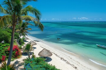 Tropical Paradise Beach with a Boat and Palm Tree