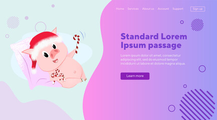 Piggy with candy cane illustration. Piglet in red cap holding candy canes and lying on purple pillow. New Year, fairy tales concept can be used for poster, banner of landing page