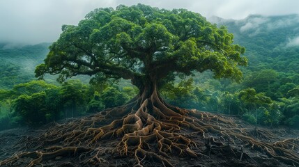 Ancient trees with massive roots intertwining with the forest floor, providing homes for diverse wildlife in the Complete rainforest.