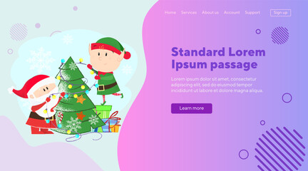 Santa Claus and elf decorating Christmas tree. Cartoon characters, helper, magic. Holiday, celebration, party concept can be used for banner, website design or landing page
