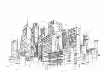 Fototapeta premium Closeup shot of a handdrawn sketch of a cityscape on a pure white background, ideal for art displays and creative portfolios