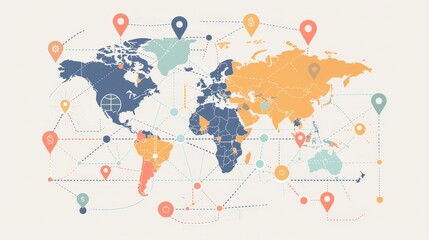 Obraz premium Global Business Network - Clean and Modern 2D World Map Illustration with Pinpoints and Connecting Lines