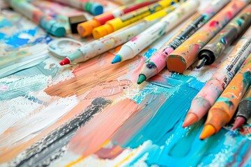 Closeup shot of an assortment of art supplies like markers, pastels, and sketchpads on a pure white background, ideal for product photography and art material displays