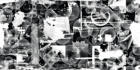 Glitch distorted grungy abstract forms . Cyber punk seamless pattern texture. Halftone dots .Futuristic background . Glitched shapes with dots and lines .Screen print endless pattern texture
