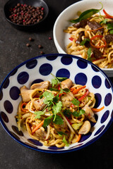 Delicious Chicken Lagman with Fresh Vegetables in a Polka Dot Bowl