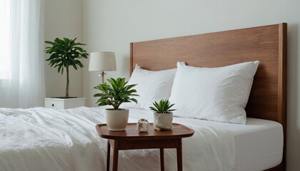 A modern, stylish and bright bedroom with plants