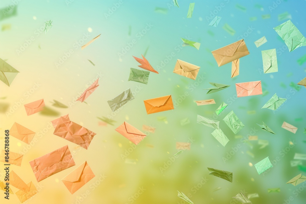 Poster colorful levitating paper envelopes on gradient backdrop with clean, balanced layout