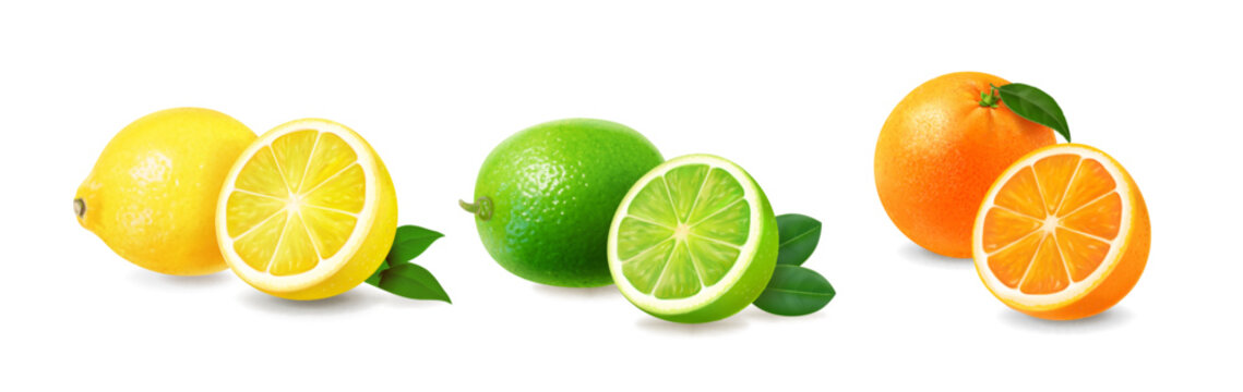 Fresh citrus fruits. Lime. lemon, orange realistic whole and halves icons. 3d isolated vector illustration