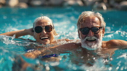 senior couple enjoying in the swimming pool