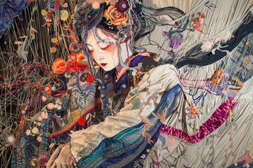 Fototapeta premium An intricate, close-up photo of a tapestry woven with flowers and a female figure. Generative AI