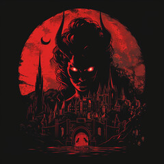 Demon lady and a vampire city, with a red moon in the background