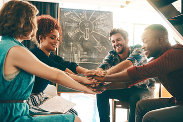 Business people, hands stack and collaboration together for support with trust and team building in agency. Workplace community, employees and huddle for solidarity and cooperation with partnership