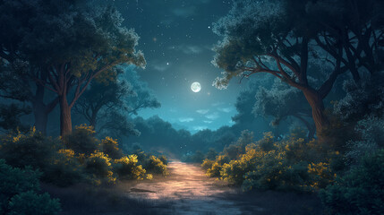 Watercolor illustration that depicts a nocturna, watercolor night forest illustration background