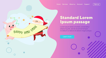 Santa Claus and pig celebrating New Year. Cartoon characters, celebration, Decemper. Holiday, party concept can be used for banner, website, landing page