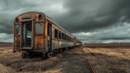 Obraz premium Abandoned rusted train cars on overgrown tracks under cloudy sky.