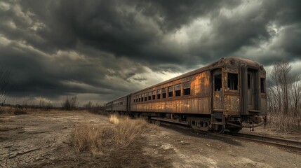 Obraz premium Abandoned rusted train cars on overgrown tracks under cloudy sky.