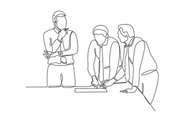 Simple continuous line drawing of three people are discussing for a project. Work minimalist concept. Work environment activity. Work analysis icon.