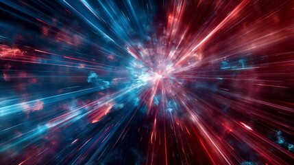 Obraz premium Abstract depiction of light speed travel with blue and red streaks converging on a bright central point.