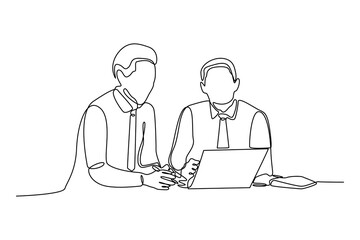 Simple continuous line drawing of man discussing about work. Work minimalist concept. Work environment activity. Work analysis icon.