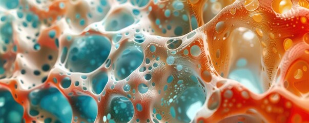 Animated crosssection of bone marrow showing healthy vs damaged, vibrant colors, educational