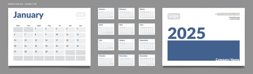 Set of 2025 Calendar Planner Template Pages Monthly, Cover with Place for Photo and Company Logo. Vector layout of a wall or desk calendar with week start Monday for printing. Page size A4-21x29.7cm