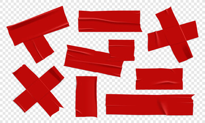 Vector set of 3D realistic red adhesive tape. Torn pieces of masking tape isolated on transparent background. PNG duct tape.