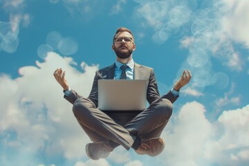 Business guru or expertise, professional advisor or consultant, smart thinking to solve problem concept, genius businessman sitting meditate working with computer laptop floating in the air