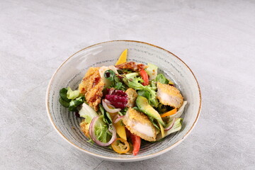 Salad with shrimps in panko breadcrumbs, top selling for restaurant and food delivery