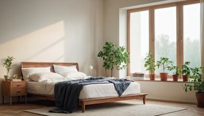 a bedroom with a bed, nightstands, and a plant in the corner of the room on the right side of the bed is a window and a plant on the right side of the bed.