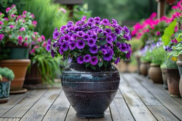 A beautiful vase of purple flowers sits on a wooden deck.