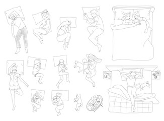 People sleeping in difference poses. flat style illustration vector design. Woman man children sleep position in bed, person posture top view, girl lying side hug pillow, body fetal pose, night dream