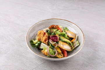 Salad with shrimps in panko breadcrumbs, top selling for restaurant and food delivery