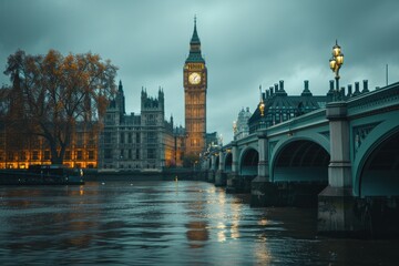 Naklejka premium A man walks down a street in London at night