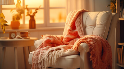 The room is permeated with rays of the sun with an armchair, light heat atmosphere