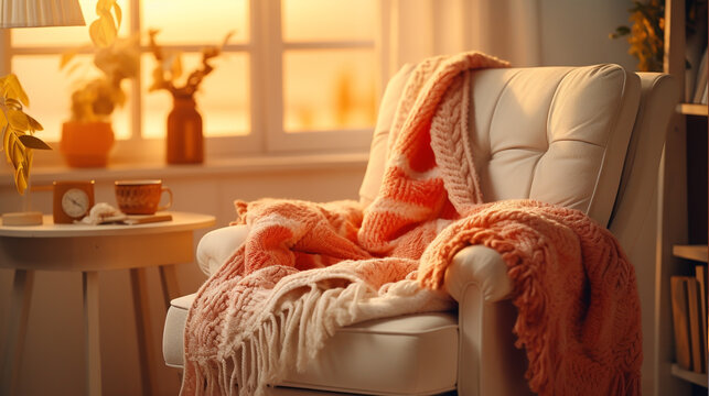 The room is permeated with rays of the sun with an armchair, light heat atmosphere