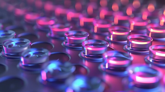 Abstract close-up of futuristic glowing buttons on a metallic surface, showcasing vibrant neon lights in a modern technological design. - Powered by Adobe